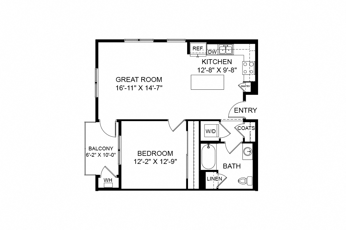 Floor plan for 1 bed, 1 bath, 859 sqft